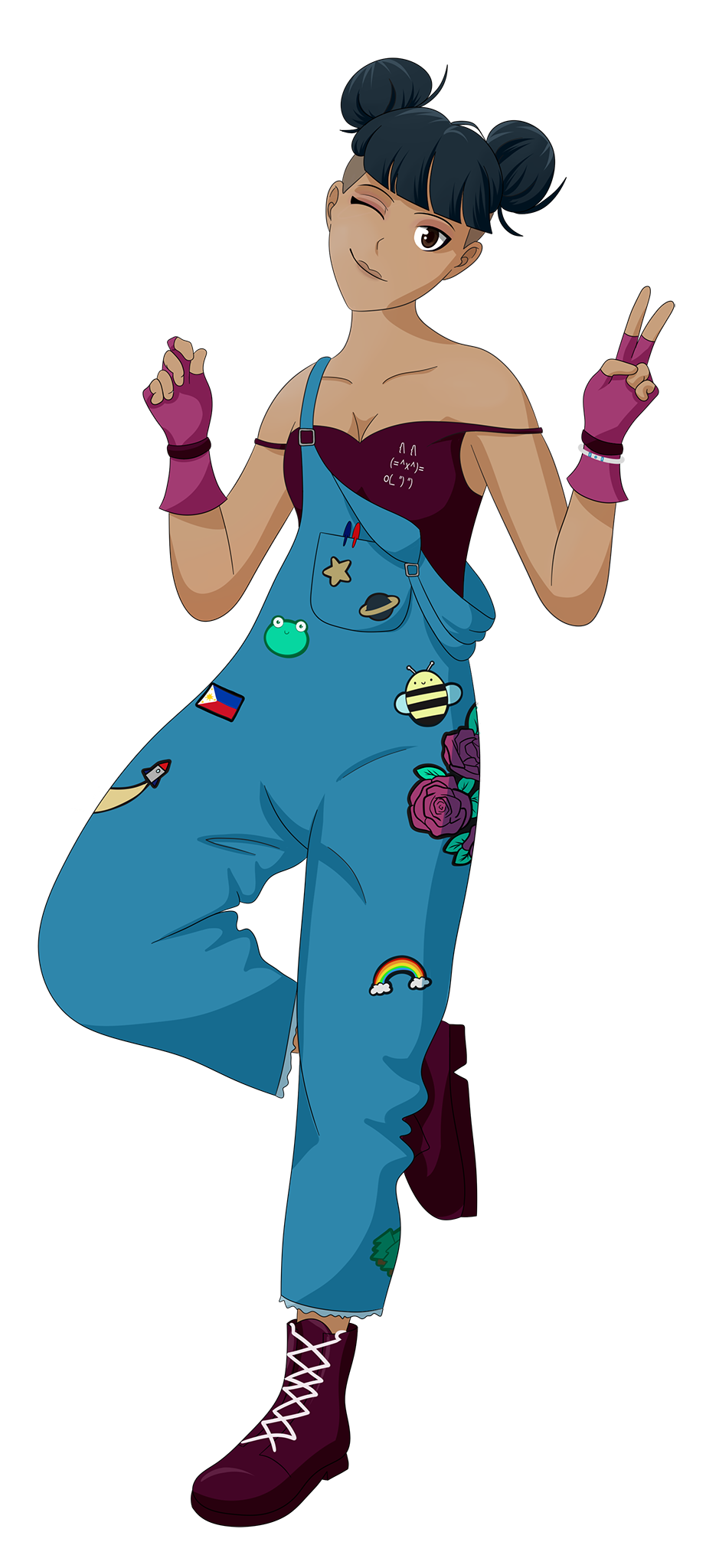 A full profile image of Annie Lim. She wears teal overalls patterned with a number of sown on badges, with a purple vest underneath and purple boots.