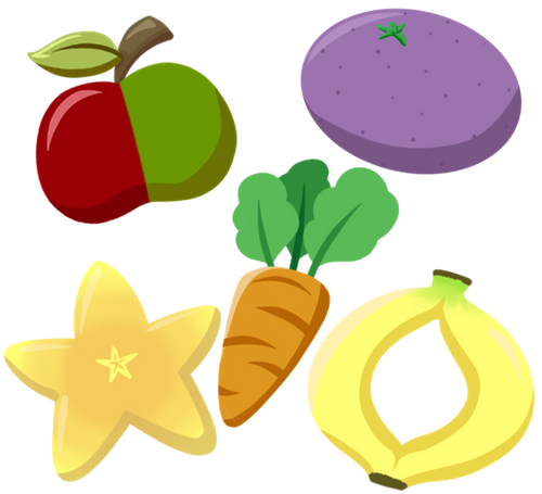 Concept art of the crops that can be grown, including an apple with red and green halves, a purple coloured orang, a carrot, a fruit in the shape of the star and a banana fused at the top and bottom, forming a sort of ring.