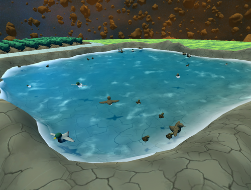 A collection of ducks floating within a pond.