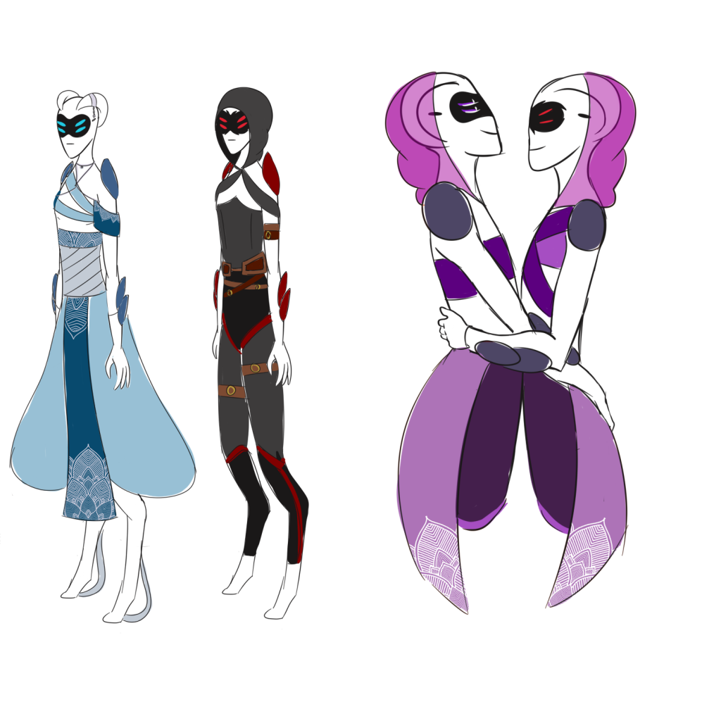 Concept art for a blue, red and purple aestheticans.