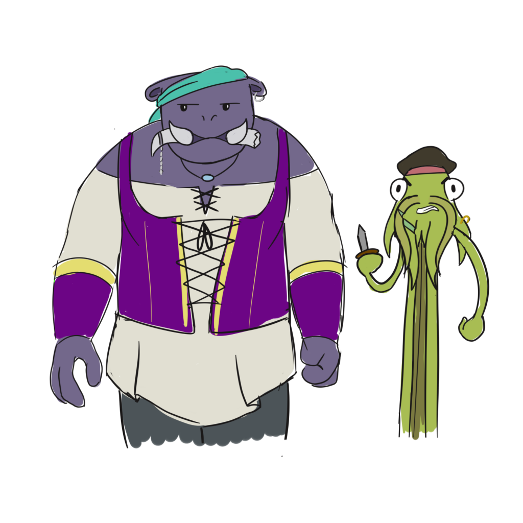 Character concepts for an Ursovon and Jallan that have made their home on Firefly, dressed as space pirates.