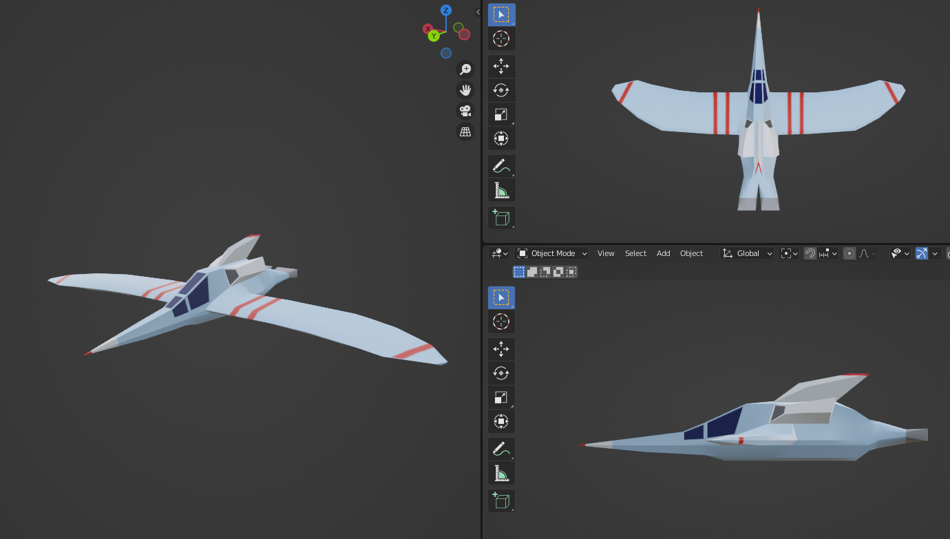 The Player Ship, as seen in Blender. It looks a bit like a bird, but then I think forward-swept wings are cool.