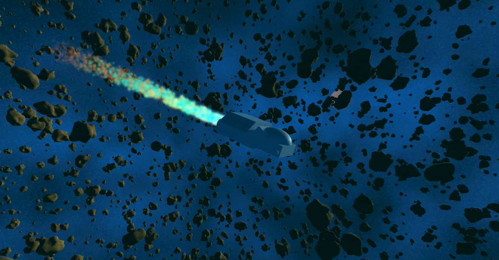 An early in-game screenshot of the player's ship flying through a dense asteroid field.