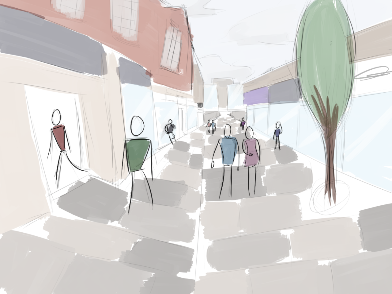A rough concept artwork for a street in Manchester.