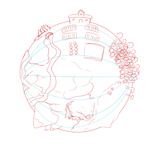 An early sketch of the player's home plorb with a variety of biomes visible.