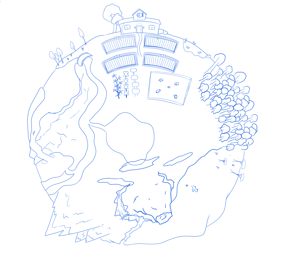 An more refined sketch of the player's home plorb with a variety of biomes visible.