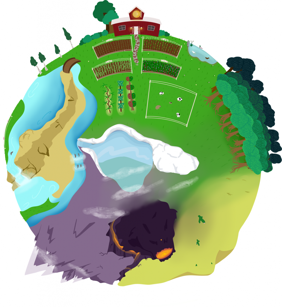 A coloured concept showing the player's home plorb with a variety of biomes visible. The home barn can be found at the top of the planet.